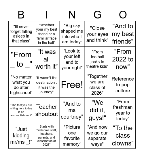 Student Speeches Bingo Card