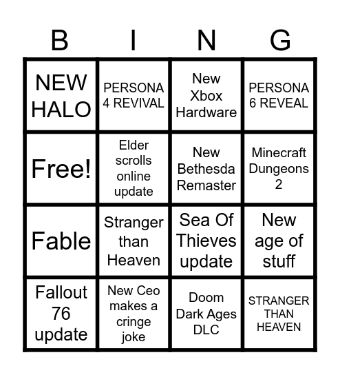 Xbox Games Bingo Card