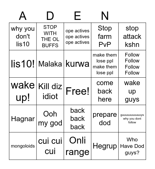 Aden Sige Bingo Night Bingo Card