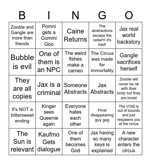 Digital Circus Finale Bingo Card