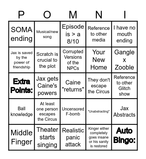 TADC Episode 9 Predications Bingo Card