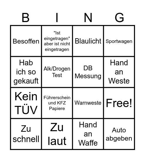Speed Cops Bingo Card