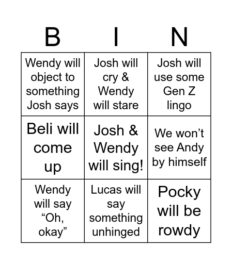 Josh & Wendy Wedding Bingo Card