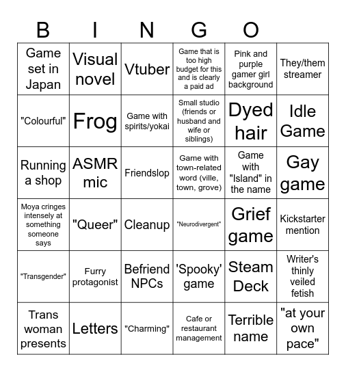 Wholesome Games Showcase Bingo Card