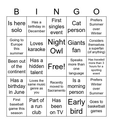 SINGLES NIGHT BINGO Card