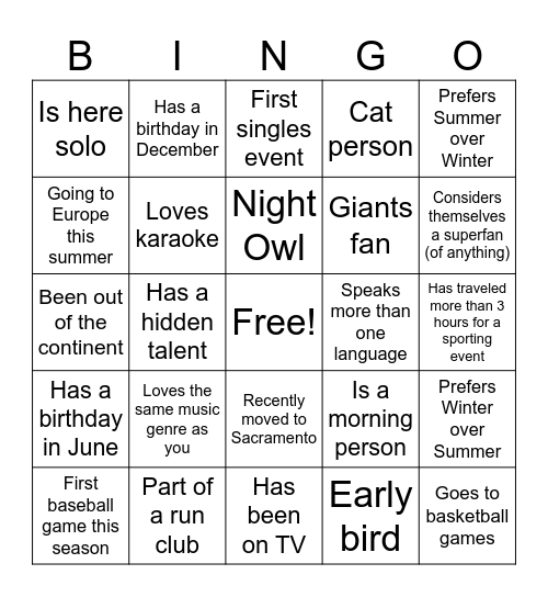 SINGLES NIGHT BINGO Card