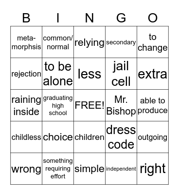 Vocabulary Chapter 1 Bingo Card