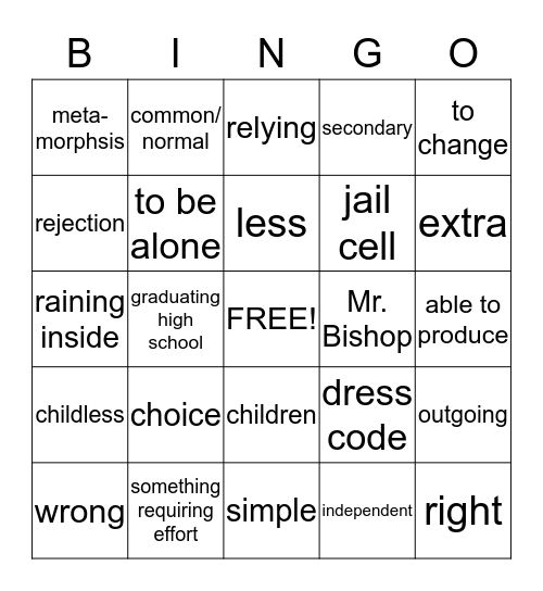 Vocabulary Chapter 1 Bingo Card