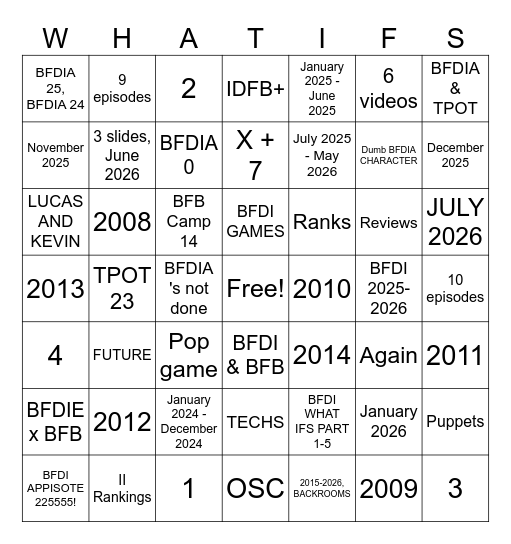 4 new BFDI Videos Bingo Card