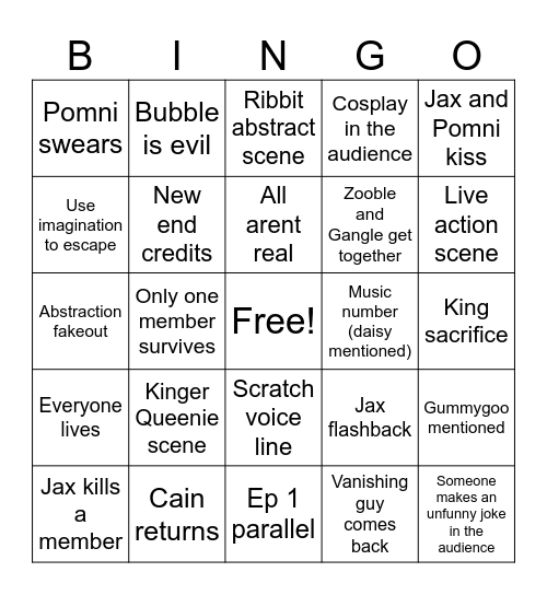 Digital Circus Movie Bingo Card