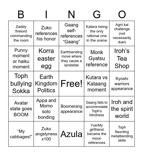Nostalgia trumps ethics “pre-watch” Avatar bingo Card