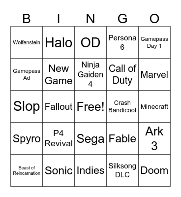 Xbox Showcase Bingo Card
