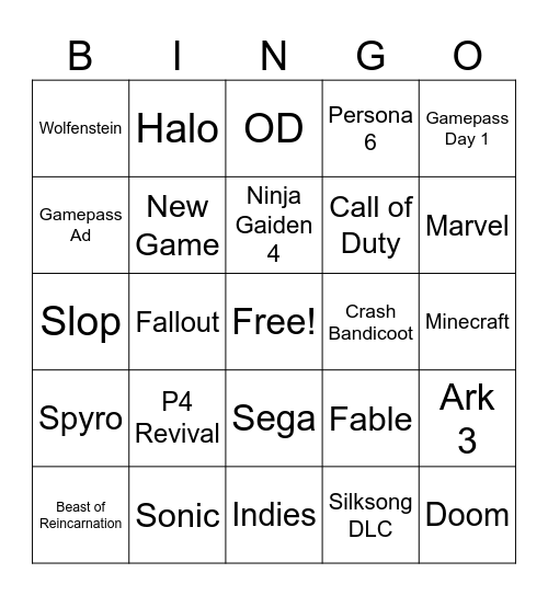 Xbox Showcase Bingo Card