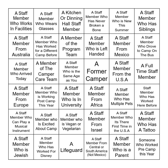 Welcome To Camp Bingo Card