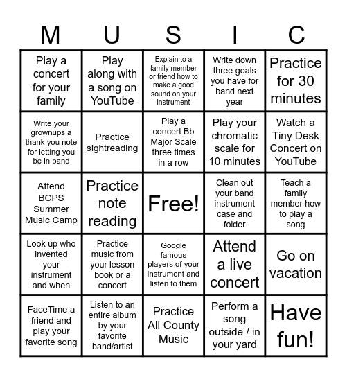 Summer HMS Band Bingo Card