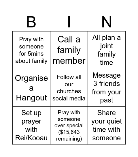 Armour Bearer Bingo Card