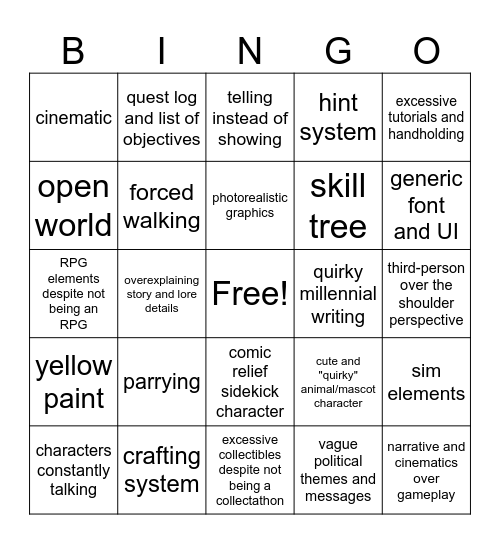 Modern AAA Game Bingo Card