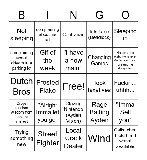 Anthony Phone Call Bingo Card