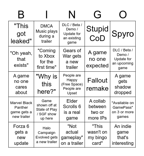Xbox Showcase - June 2026 Bingo Card
