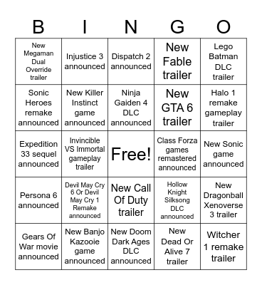 Xbox Showcase 2026 Bingo Card