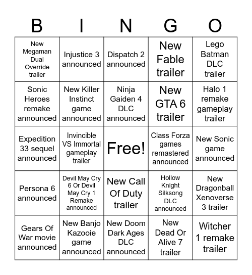 Xbox Showcase 2026 Bingo Card