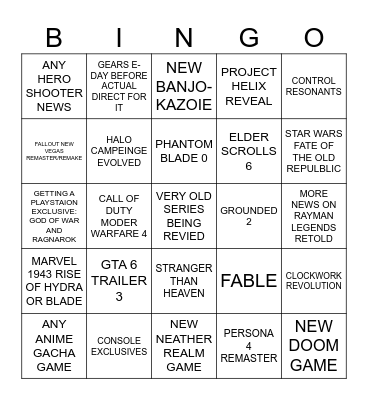 XBOX GAME SHOWCASE Bingo Card