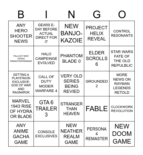 XBOX GAME SHOWCASE Bingo Card