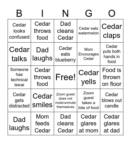 Cedar’s Birthday Bingo Card