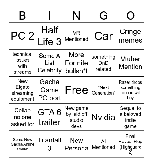 PC Game Show Case Bingo Card