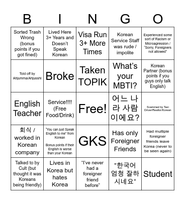 Foreigner in Korea Bingo Card