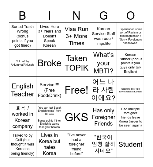 Foreigner in Korea Bingo Card