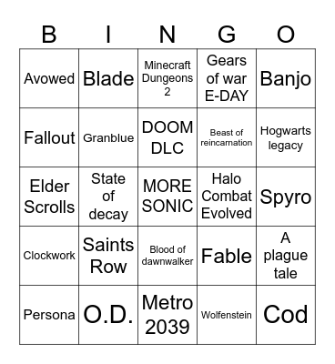 XBOX showcase no budget Bingo Card
