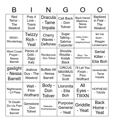 Jordan's On Repeat Songs Bingo Card
