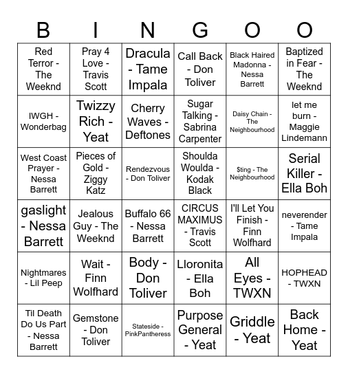 Jordan's On Repeat Songs Bingo Card