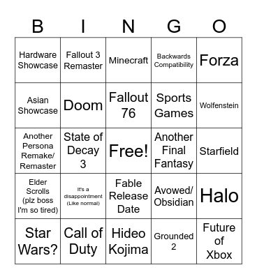 Xbox 2026 Bingo Card