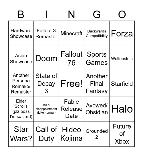 Xbox 2026 Bingo Card