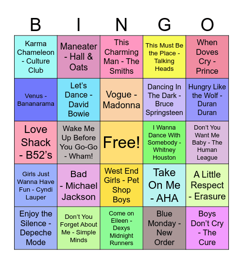 80s Night Bangers! Bingo Card