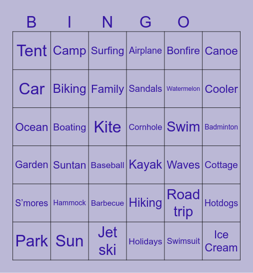Summer Vacation Bingo Card