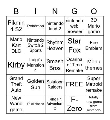 Nintendo Direct 2026 Bingo Card