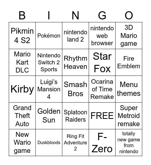 Nintendo Direct 2026 Bingo Card