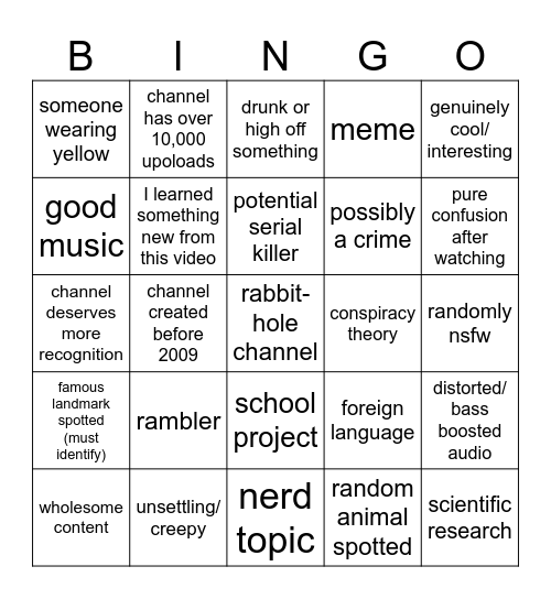 youtube bingo Card
