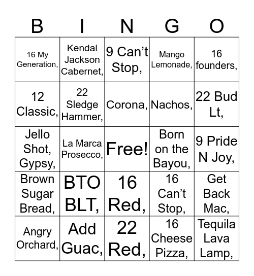 Rock Bingo Card