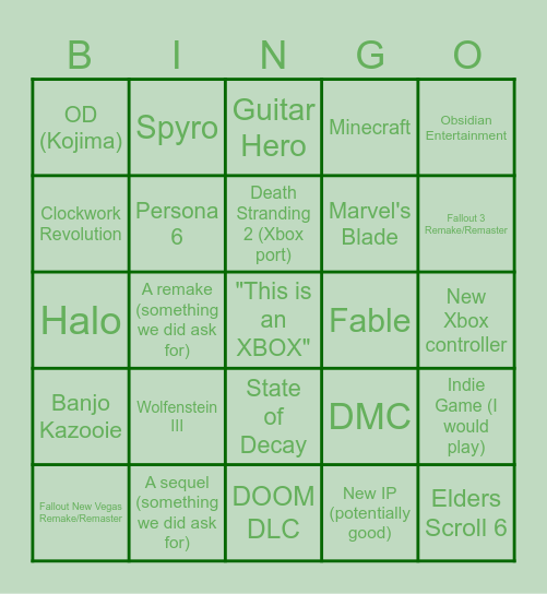 Xbox Games Showcase June 2026 Bingo Card