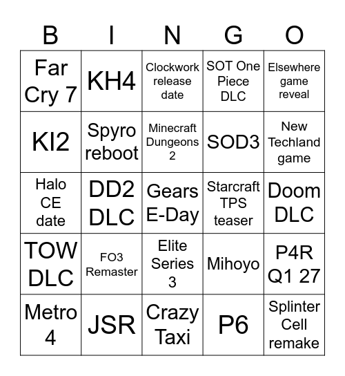 XGS Showcase Bingo Card