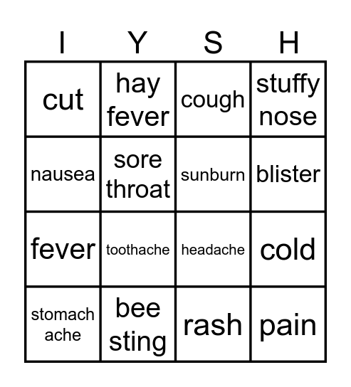 To have : health conditions Bingo Card