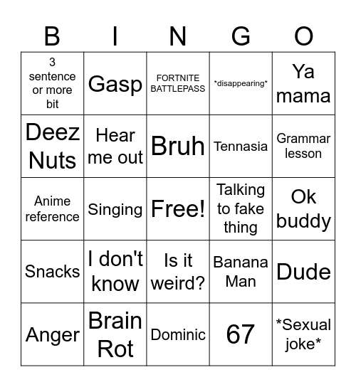 Da Boys Bingo Card