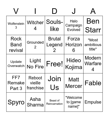 Xbox Showcase Bingo Card