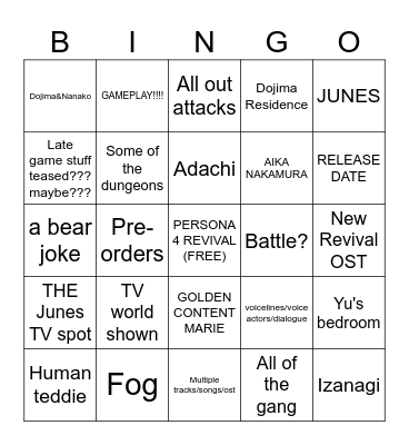 PERSONA 4 REVIVAL TRAILER (UPDATED) Bingo Card