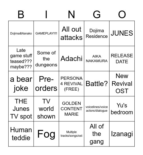 PERSONA 4 REVIVAL TRAILER (UPDATED) Bingo Card