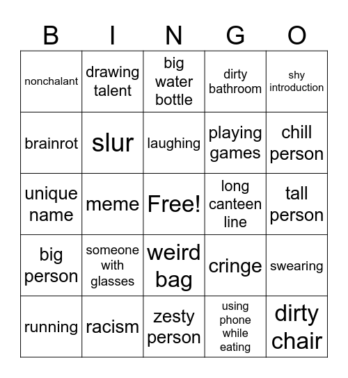 First day of school Bingo Card